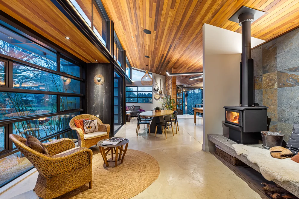 Architectural Auckland home interior at twilight built by Baker Brothers Construction